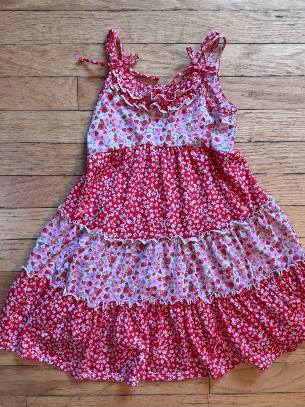 Jona Michelle Girls‎ Red Floral Strawberry Tiered Dress Size 5 Tie Strap Summer